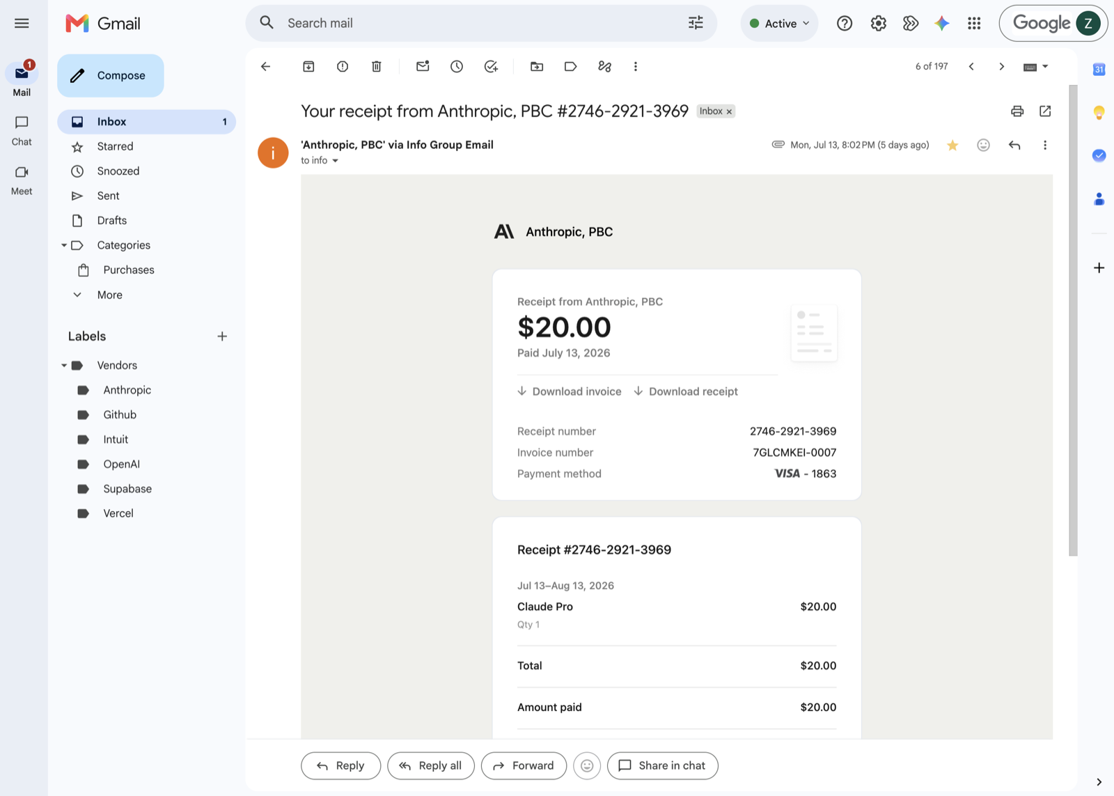 A real Gmail receipt from Anthropic